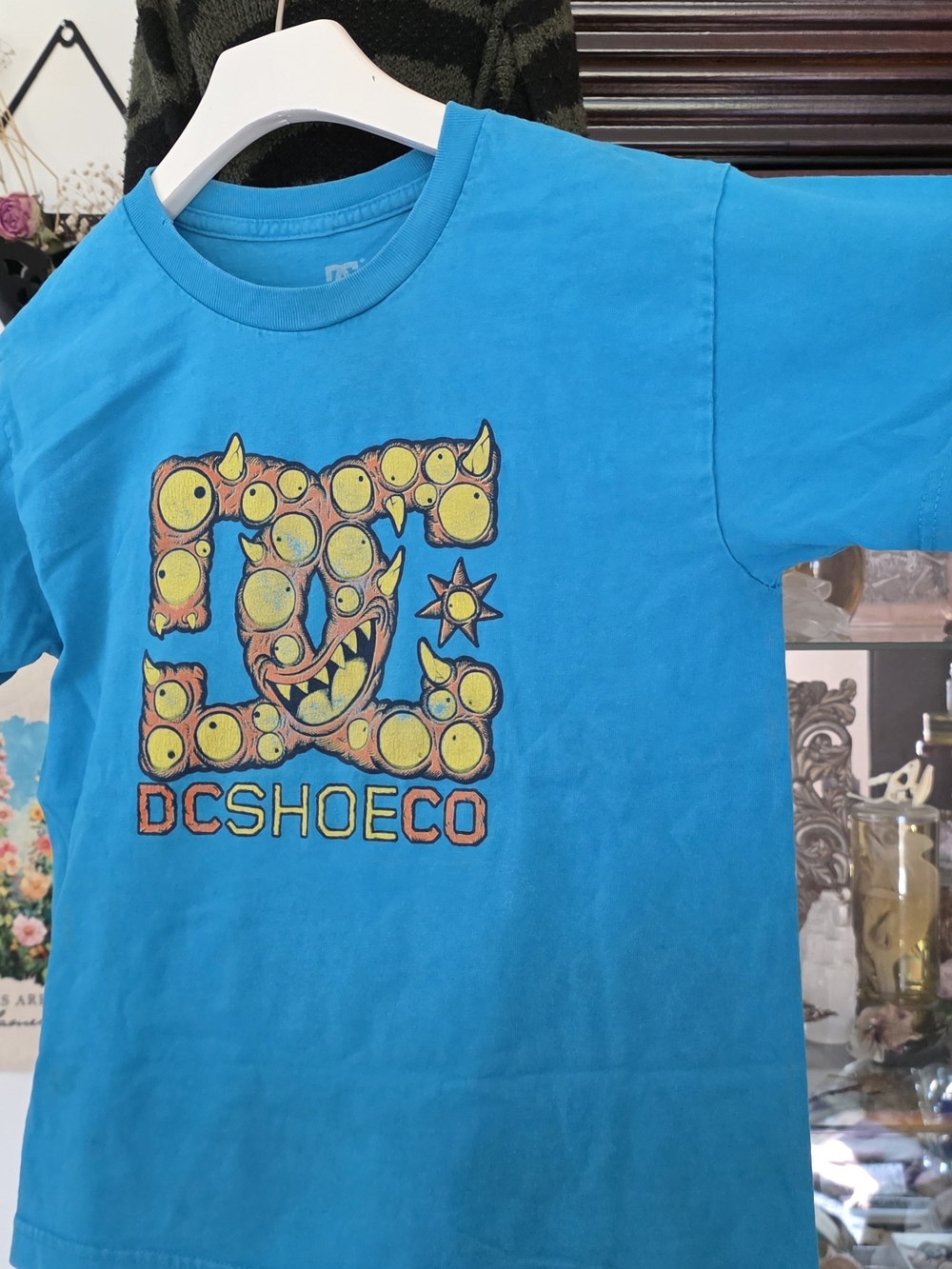 DC Bright Blue Tee with Yellow & Orange Monster Logo Y2K Era Sk8